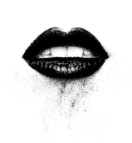 Slightly parted seductive sensual female lips showing the teeth in a striking artistic black and white effect with copy space below